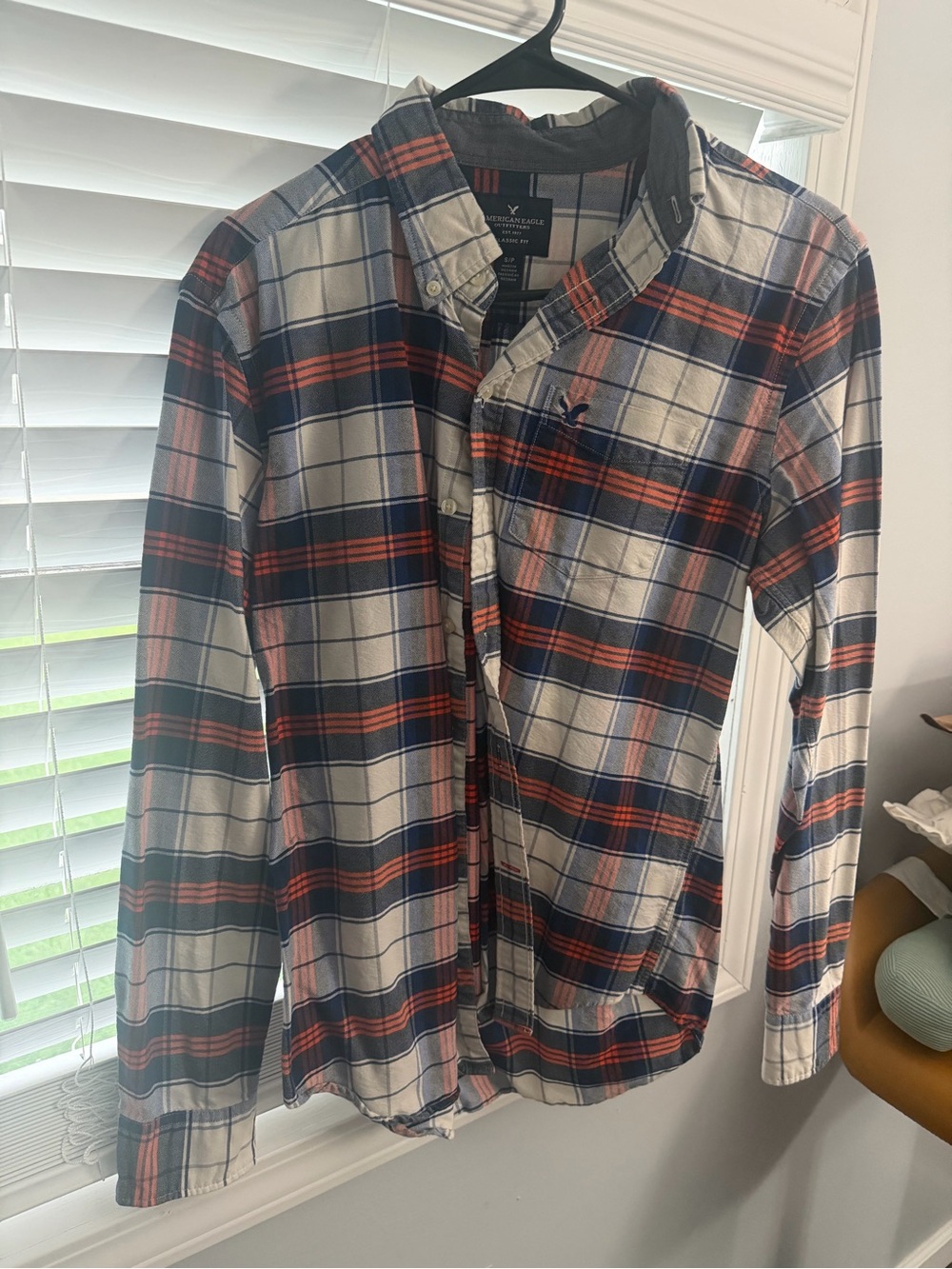 American Eagle Outfitters Navy, Cream & Orange Plaid Button-Down Shirt